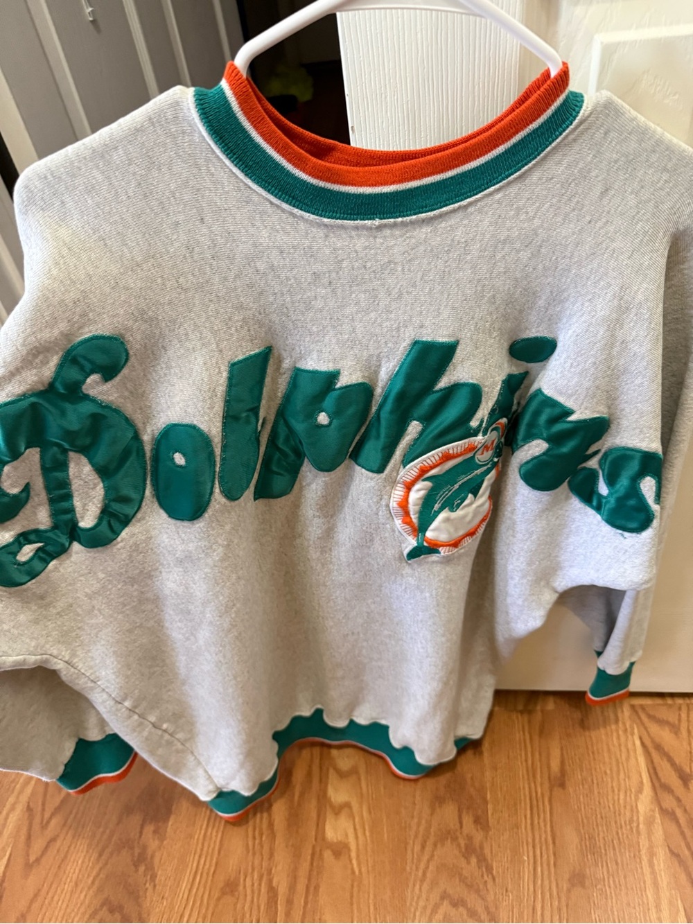 Vintage Gray Crew Miami Dolphins Sweatshirt with Teal & Orange Team Script